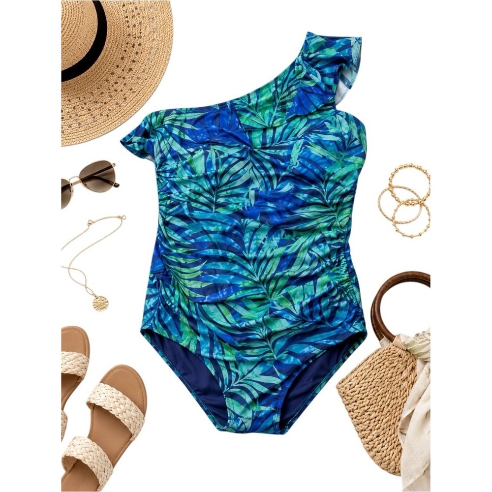 Tempt Me One Shoulder Tropical Ruched Slimming Swimsuit XL NWT Blue Green New